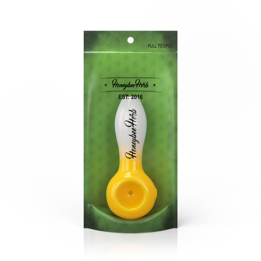 Honeybee Herb 4-Inch Yellow/White Two-Tone Frit Spoon Pipe Packaging