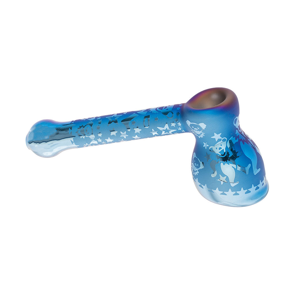 Honeybee Herb electroplated glass bubbler in blue with bear designs
