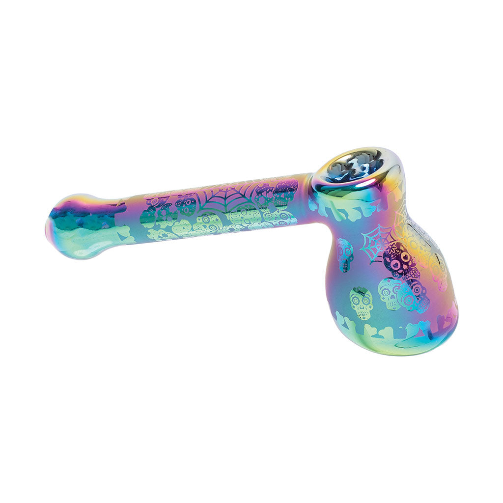 Honeybee Herb electroplated glass bubbler in green with skull pattern