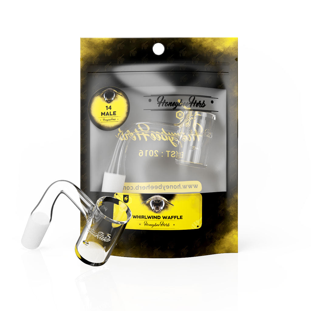  Retail Packaging Of Honeybee Herb Black Line Whirlwind Waffle Quartz Banger 14mm Male, 90° Degree Joint.