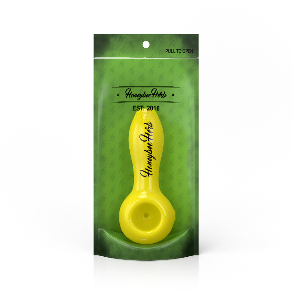 4-Inch Yellow Inside Out Linework Hand Pipe Spoon Packaging View By Honeybee Herb