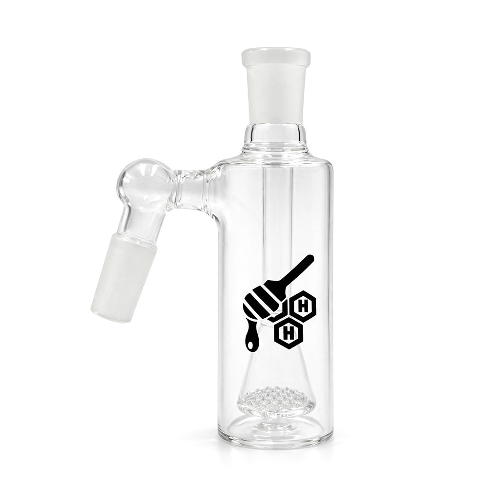 Honeycomb Disc Perc Cylinder Ash Catcher, 14mm male 45 degree clear glass ash catcher with honeycomb diffusion.