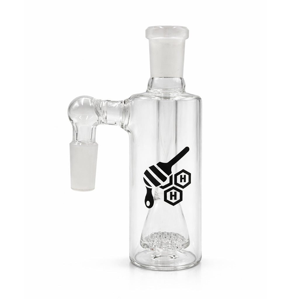 Honeycomb Disc Perc Cylinder Ash Catcher, 14mm male 90 degree clear glass ash catcher with honeycomb diffusion.