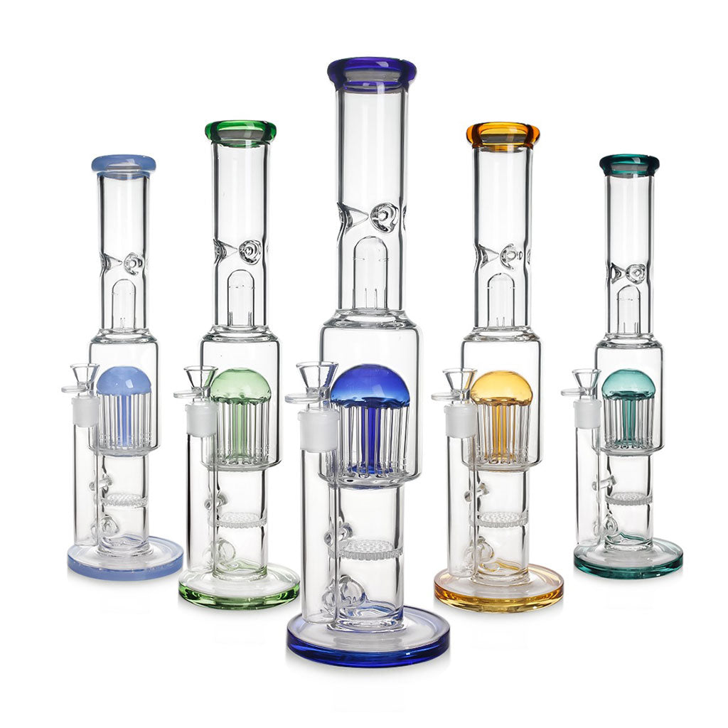 Shop Honeycomb & 12 Arm Tree Perc Bongs in multiple colors – available now at Honeybee Herb.
