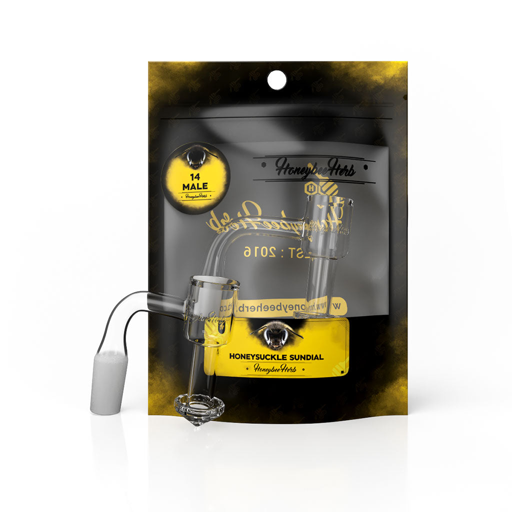 Buy 14mm male Honeysuckle Sundial 90° quartz banger with BL beveled lip—premium heat retention. Order from Honeybee Herb for fast, discreet shipping.