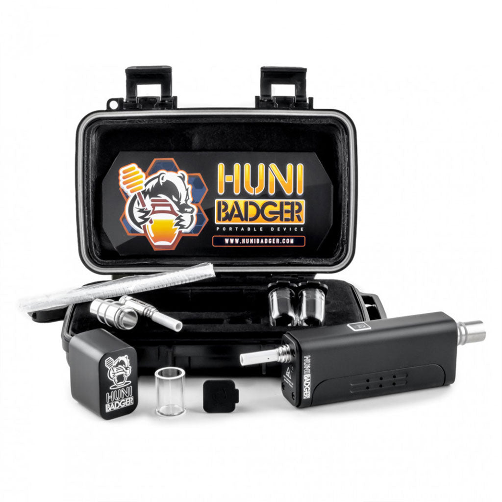 Complete black Huni Badger dab kit with accessories and open case 
