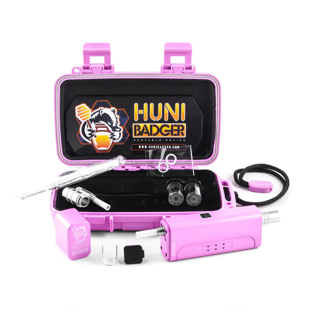  Complete Huni Badger pink dab kit with open case, accessories, and portable vaporizer