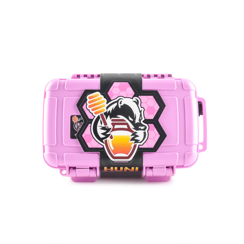 Huni Badger pink edition hard shell case with honeycomb badge design