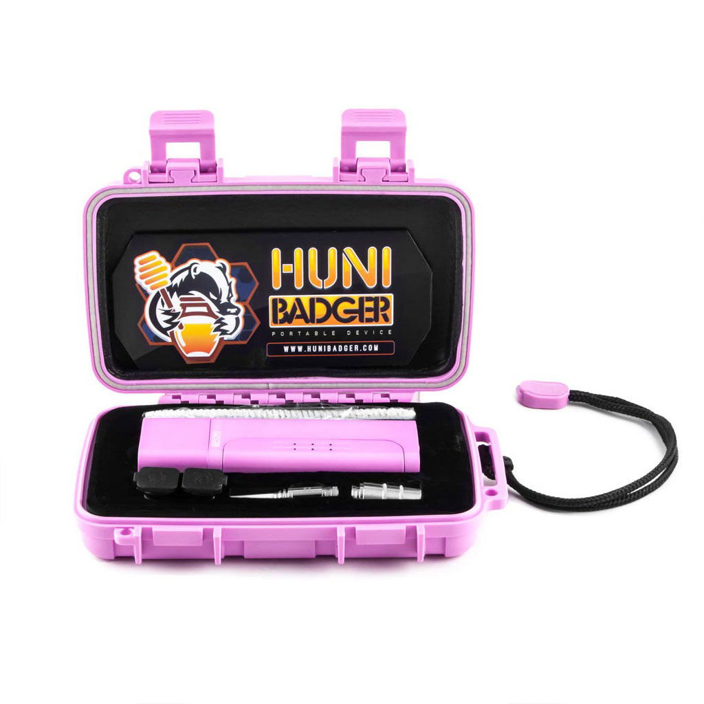 Top view of Huni Badger pink portable vaporizer kit with accessories in foam case