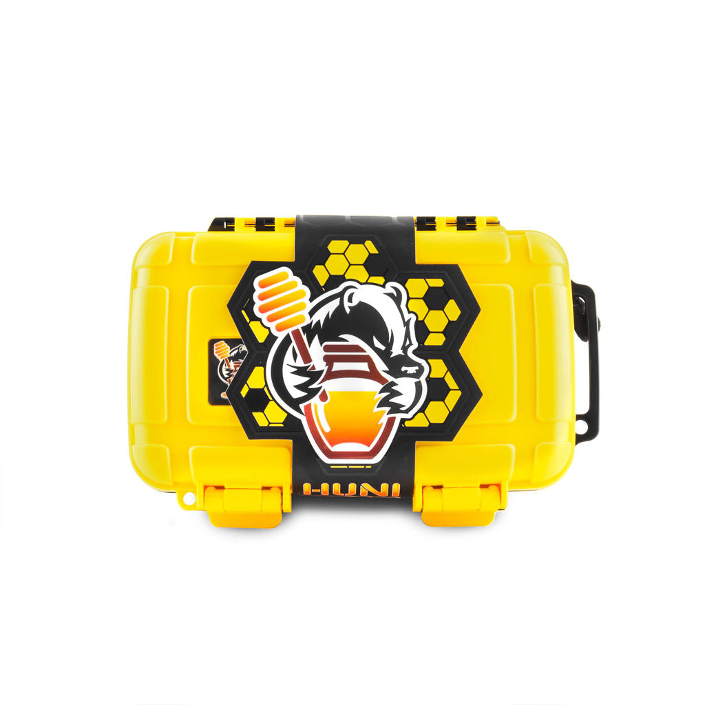 Bright yellow Huni Badger limited edition carry case with honeycomb logo design 