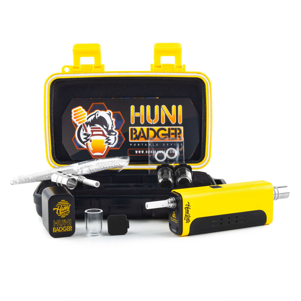  Huni Badger limited edition yellow dab kit with open case and full accessories 