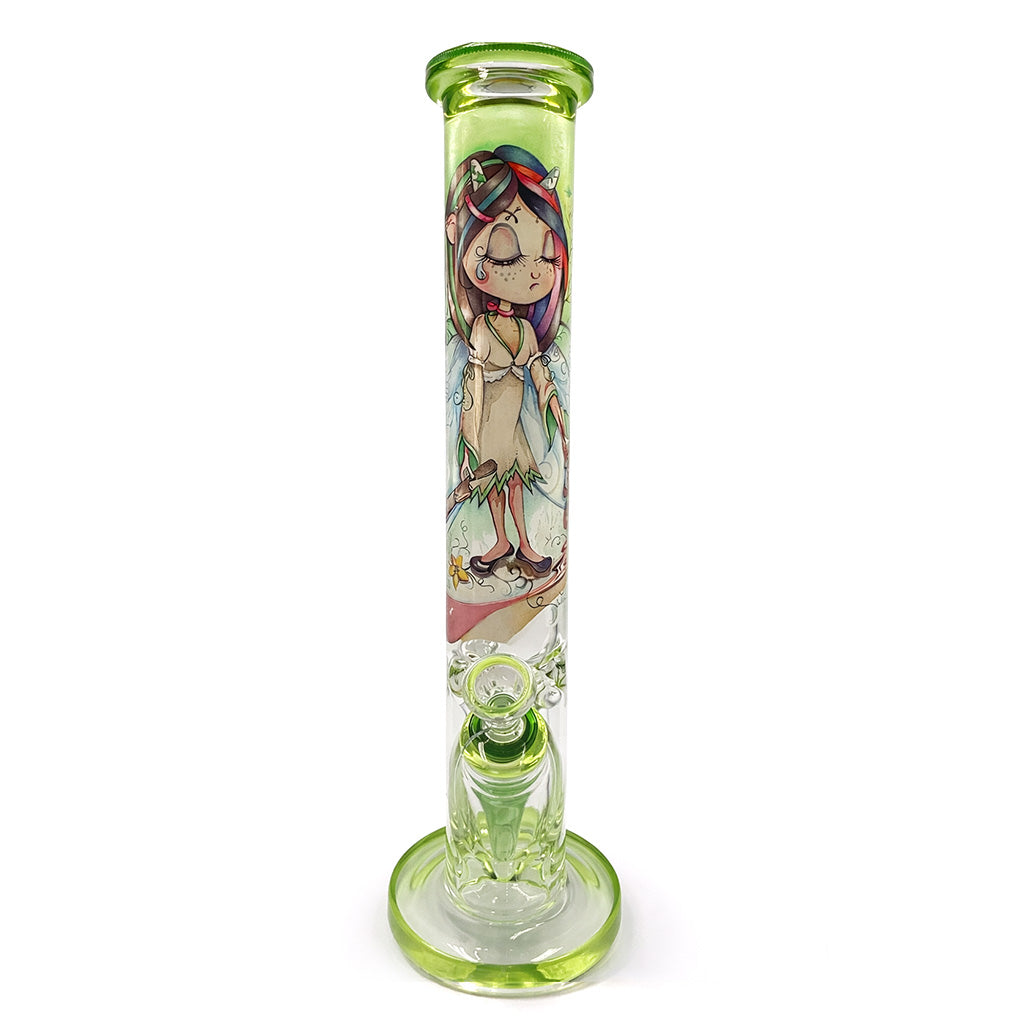 Side view of IB Linda Biggs straight tube bong showing fairy artwork, green accents, and a stable round base for smooth water filtered pulls