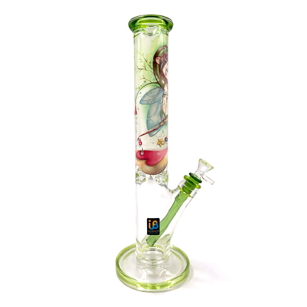 Front view of IB Linda Biggs straight tube bong with green rim and base and illustrated character artwork