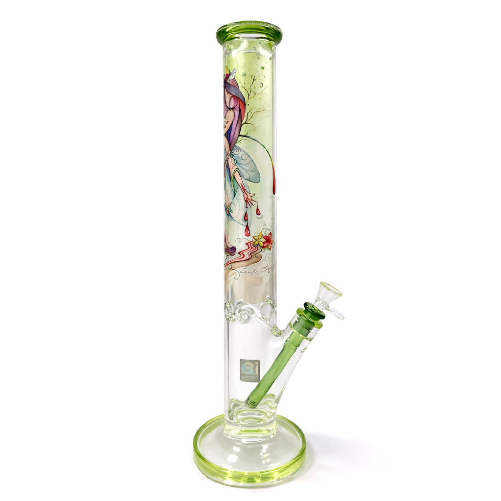 Angled view of IB Linda Biggs straight tube bong with green downstem and bowl and full color artwork on the tube 