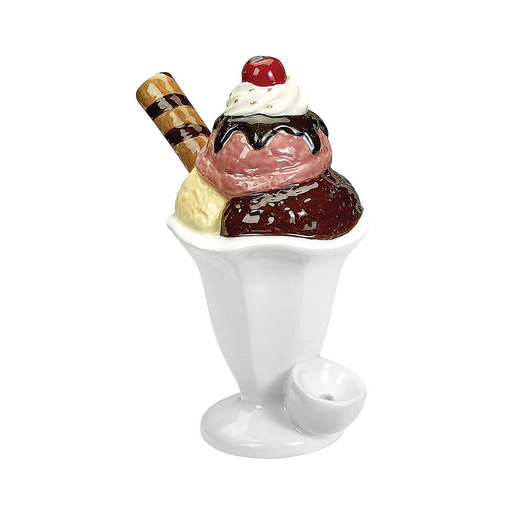 Ice Cream Sundae hand pipe with ceramic sundae glass body, colorful scoop design, cherry on top bowl, side carb hole, and glossy finish