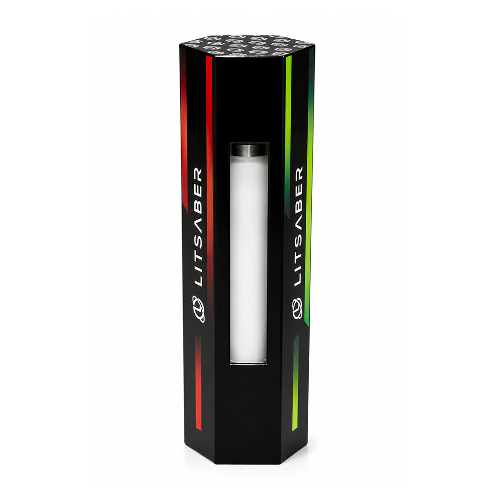 Litsaber OG silver interactive LED 510 battery on a table setup displaying its interactive features.