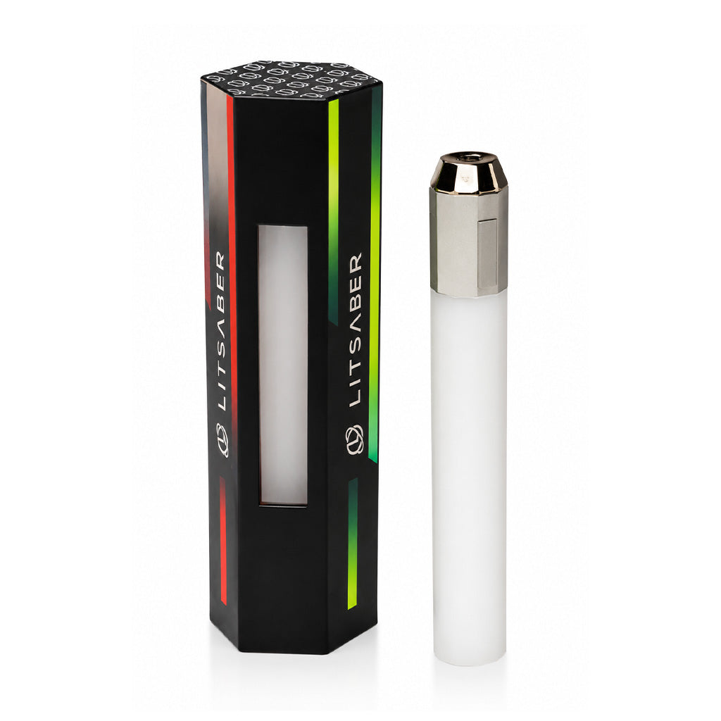 Litsaber OG silver interactive LED 510 battery in a side view showing charging port and power button.