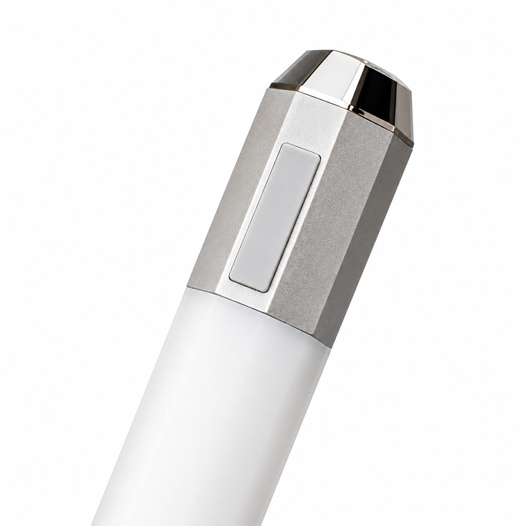 Litsaber OG silver interactive LED 510 battery with light-up indicator showing different voltage settings.