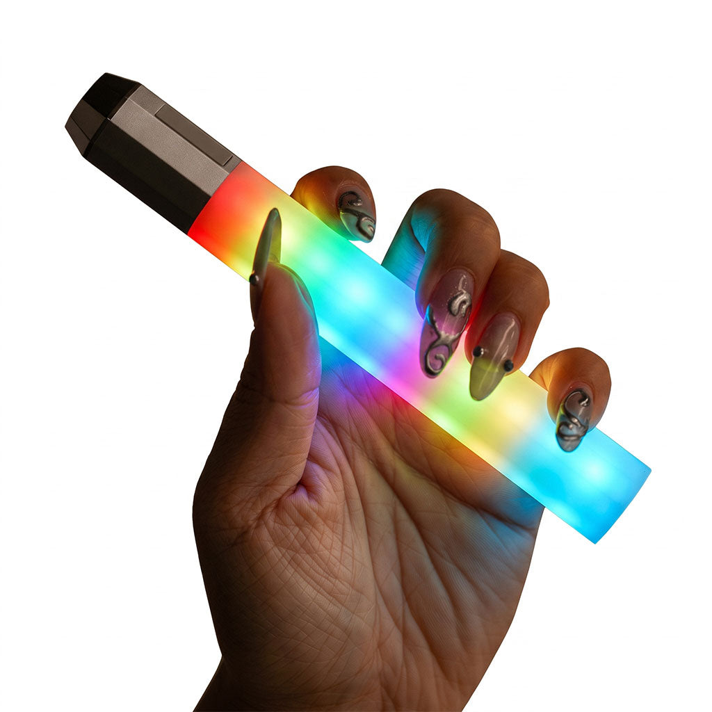Litsaber OG silver interactive LED battery on a flat surface with bright LEDs glowing for visibility.