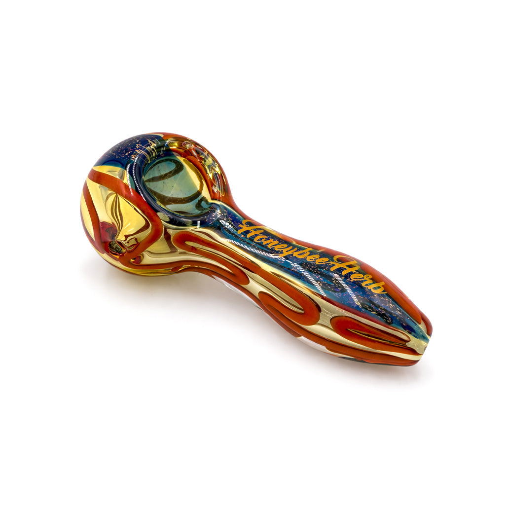 Red inside out dichro glass spoon hand pipe with colorwork finish