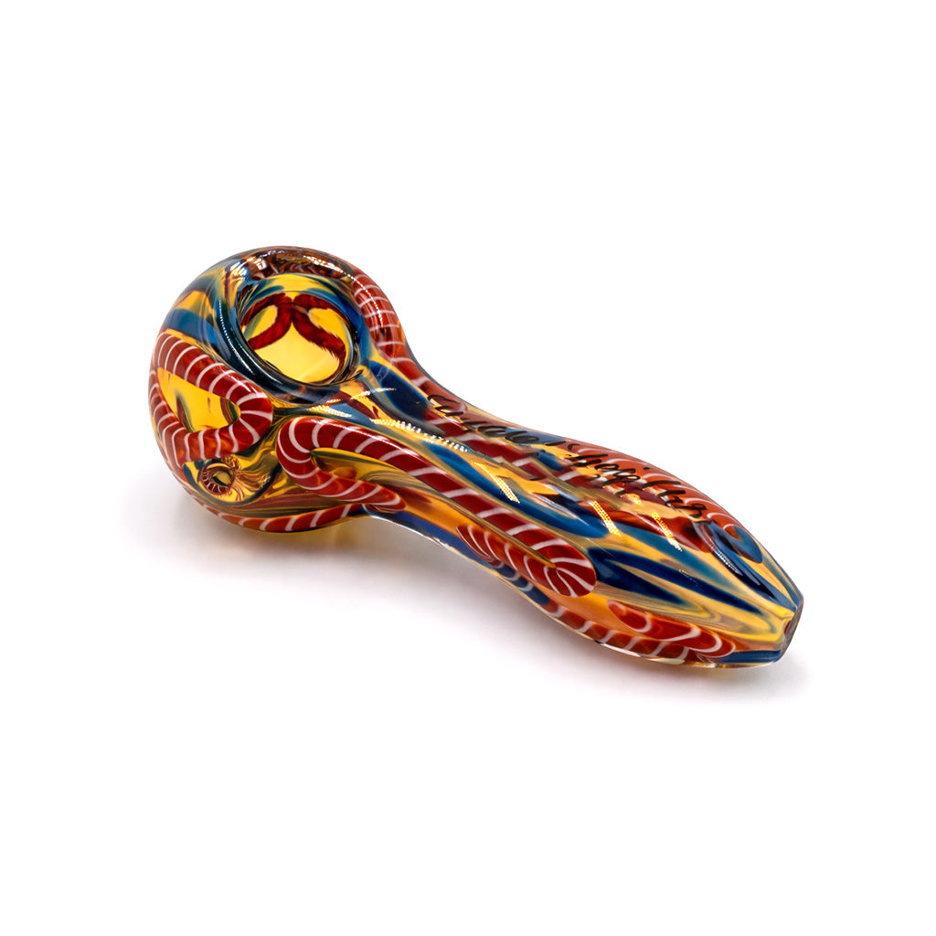 Red inside out latticino glass spoon pipe with deep bowl