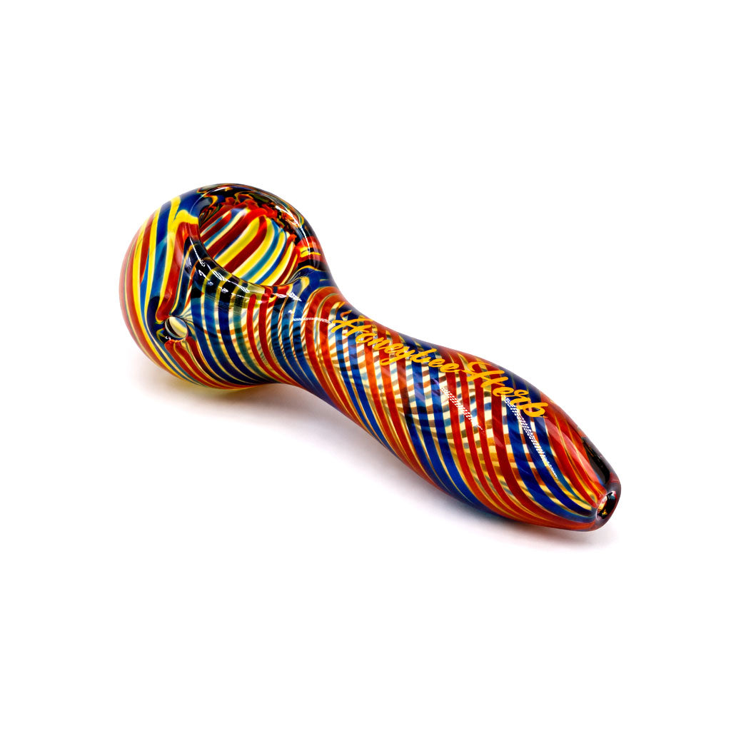 Red and blue inside out linework swirl glass spoon pipe for sale