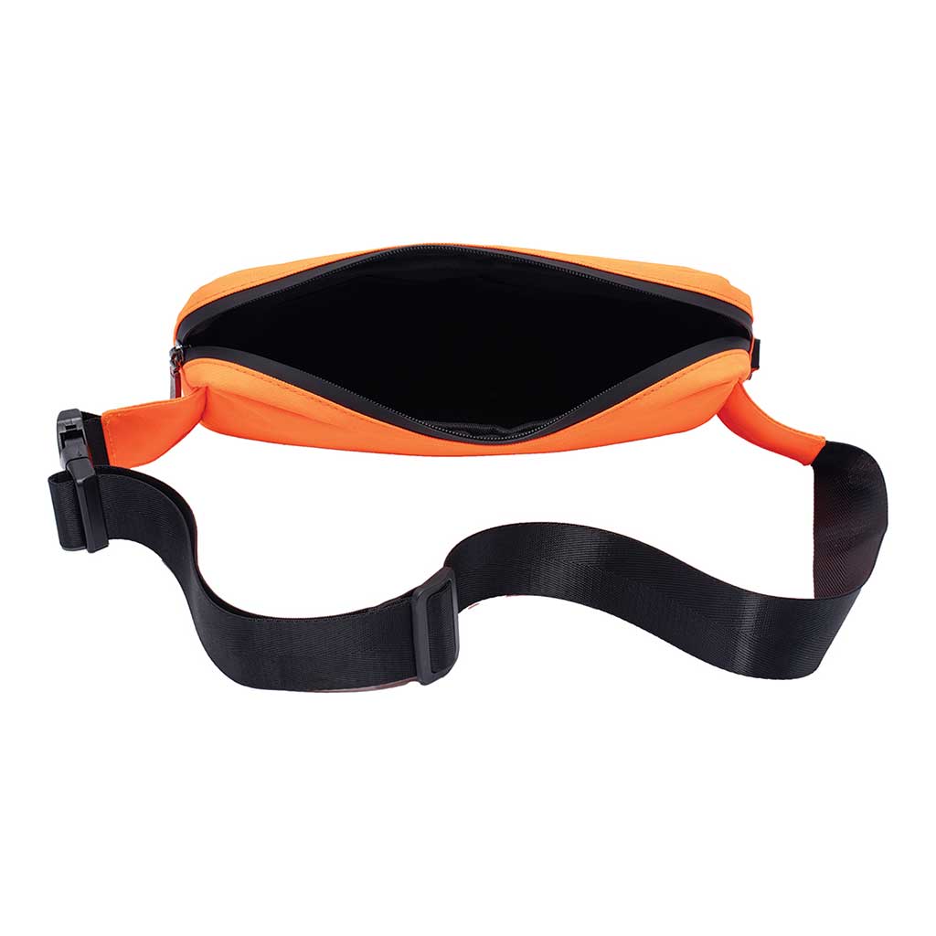 open top view of neon orange smellproof sling bag 11.5in with spacious interior