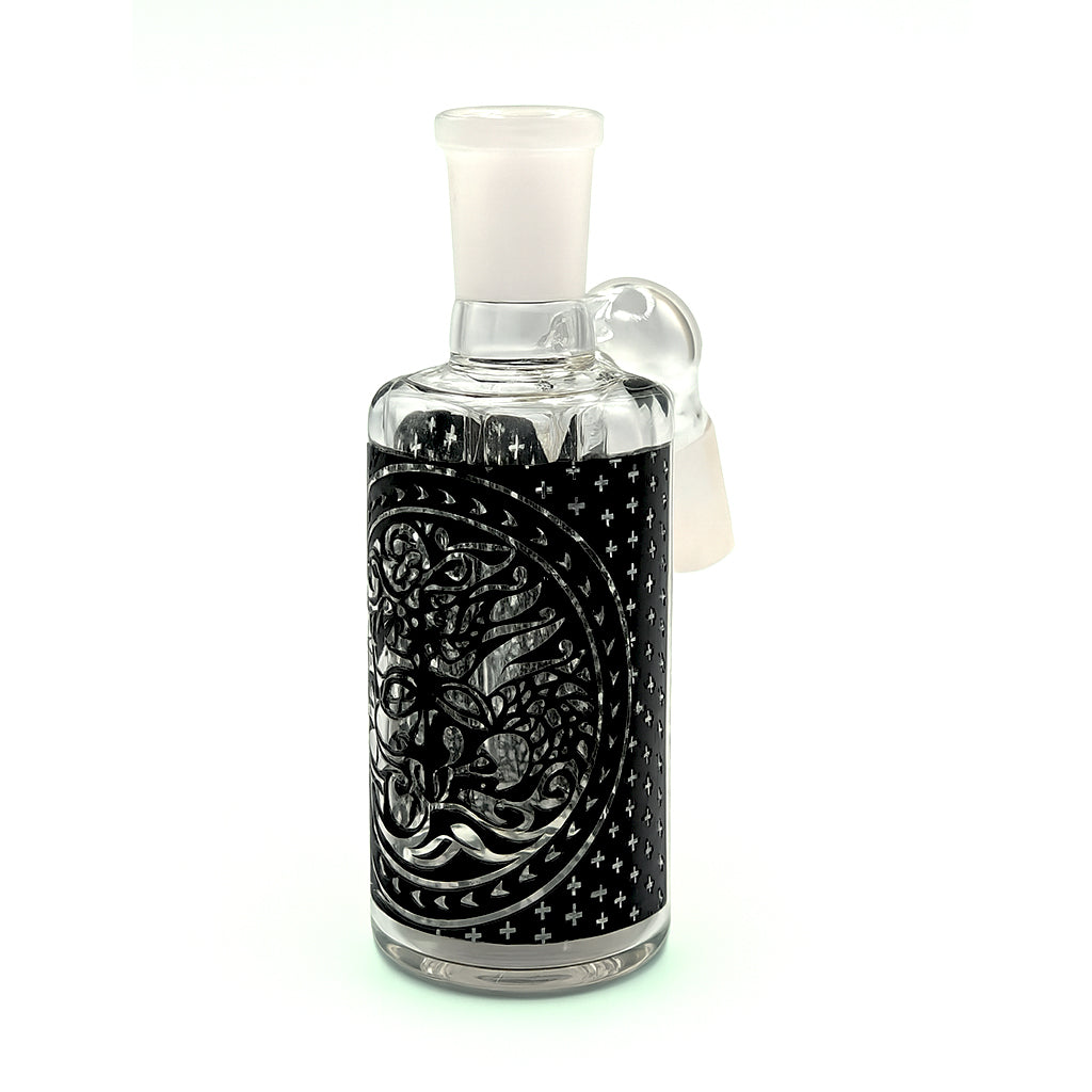 Black Tribal Print Ash Catcher with Showerhead Perc – 14mm male joint, 45° angle, available at Honeybee Herb for clean filtered hits