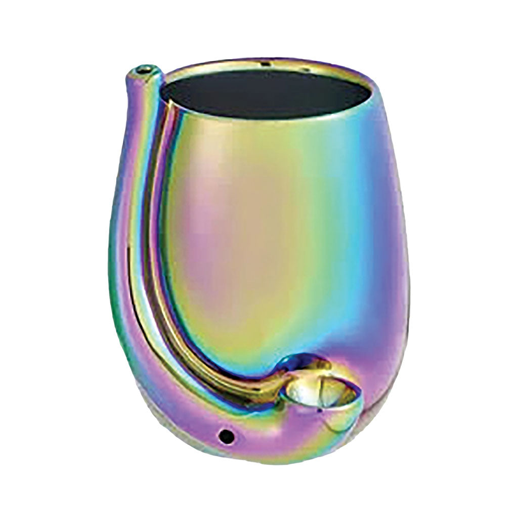 Iridescent stemless wine glass pipe mug with holographic rainbow finish, side pipe stem, built-in bowl, and glossy ceramic design