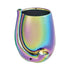Iridescent stemless wine glass pipe mug with holographic rainbow finish, side pipe stem, built-in bowl, and glossy ceramic design