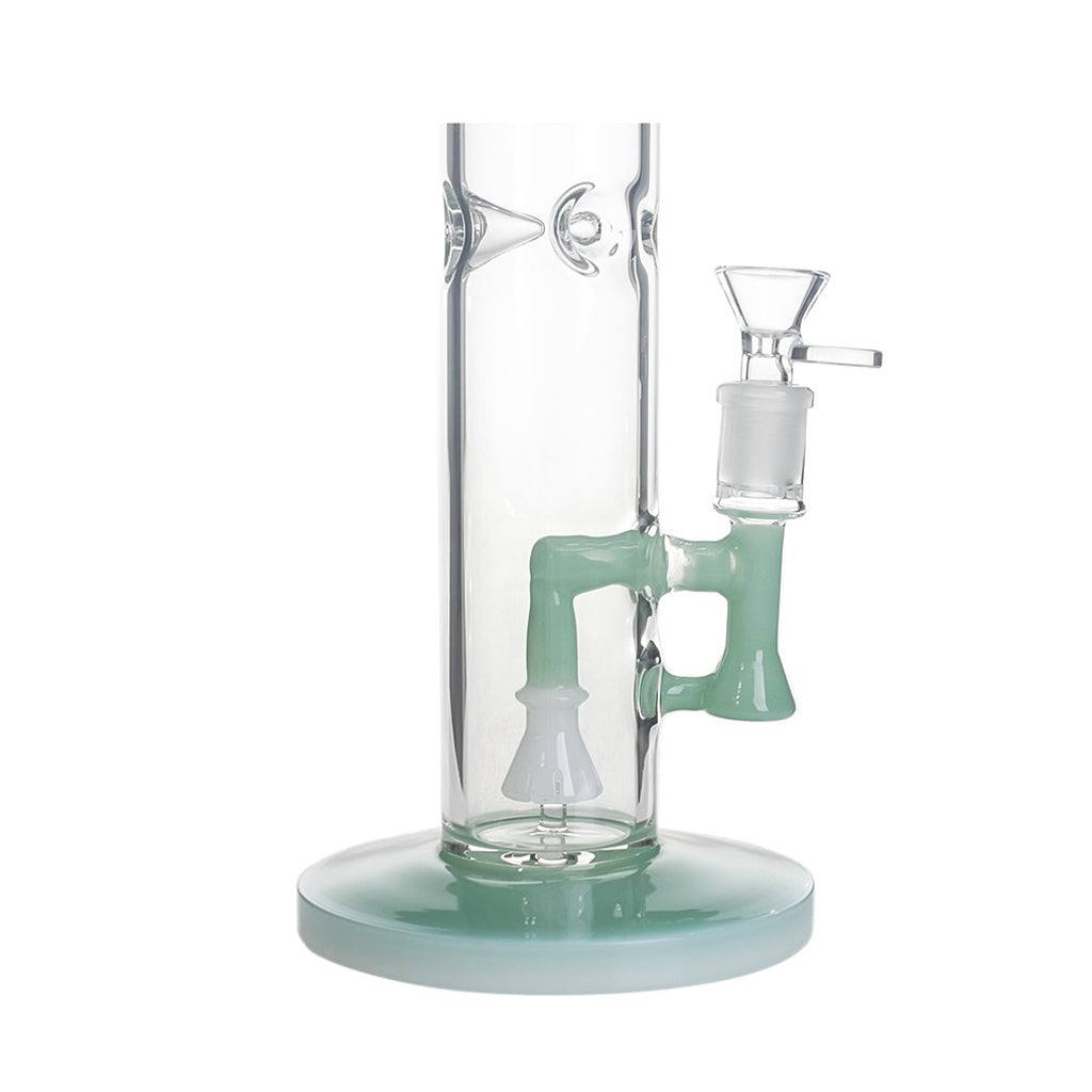 Perc and recycler detail on green Hittn Honeycomb straight tube bong—shop Honeybee Herb today.