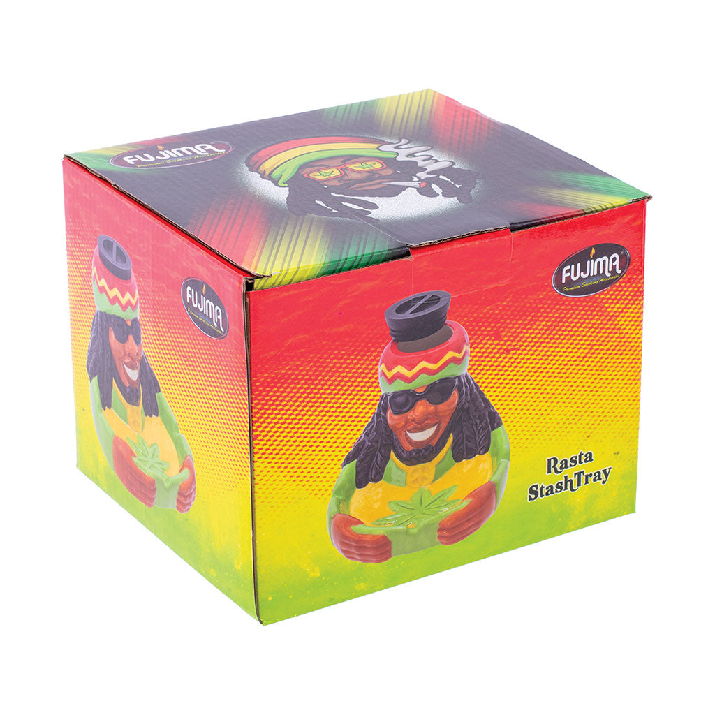 retail box showing jamaican rasta ceramic stash tray by fujima, premium stash jar and tray, available at honeybee herb