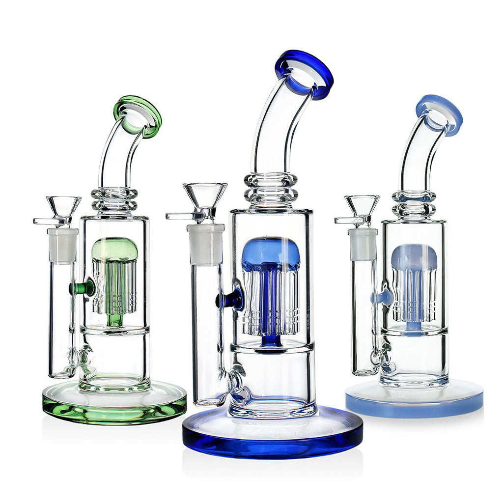  Blue Jellyfish percolator bent neck bong with lineup display—compare variants and add to cart.