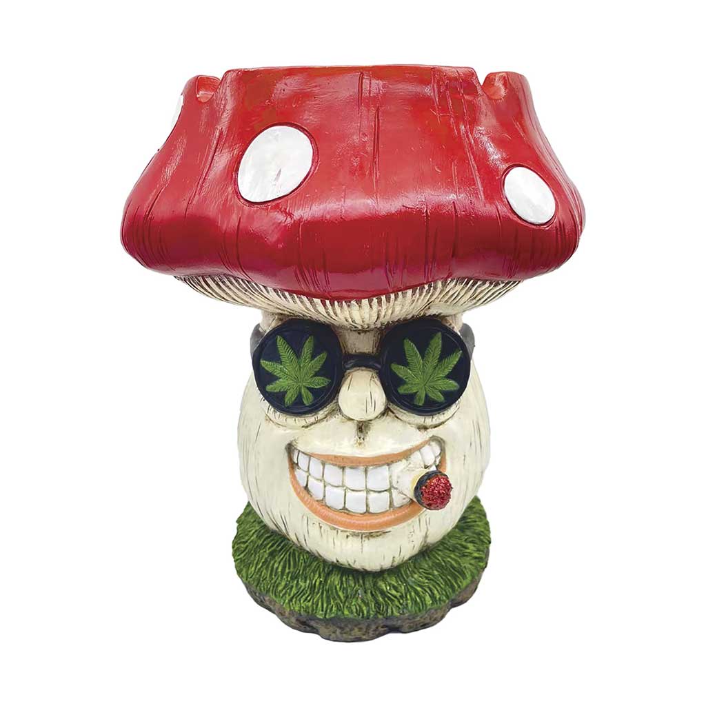 Jumbo mushroom ashtray 14 inch with red spotted cap and smiling face wearing leaf sunglasses.