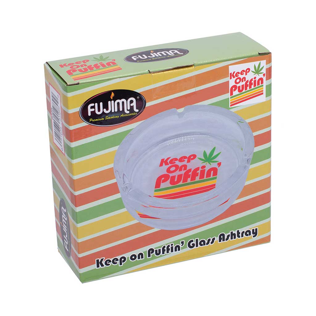 Keep on Puffin Glass Ashtray packaging, durable glass ashtray with bold puffin design, smoking accessory at Honeybee Herb