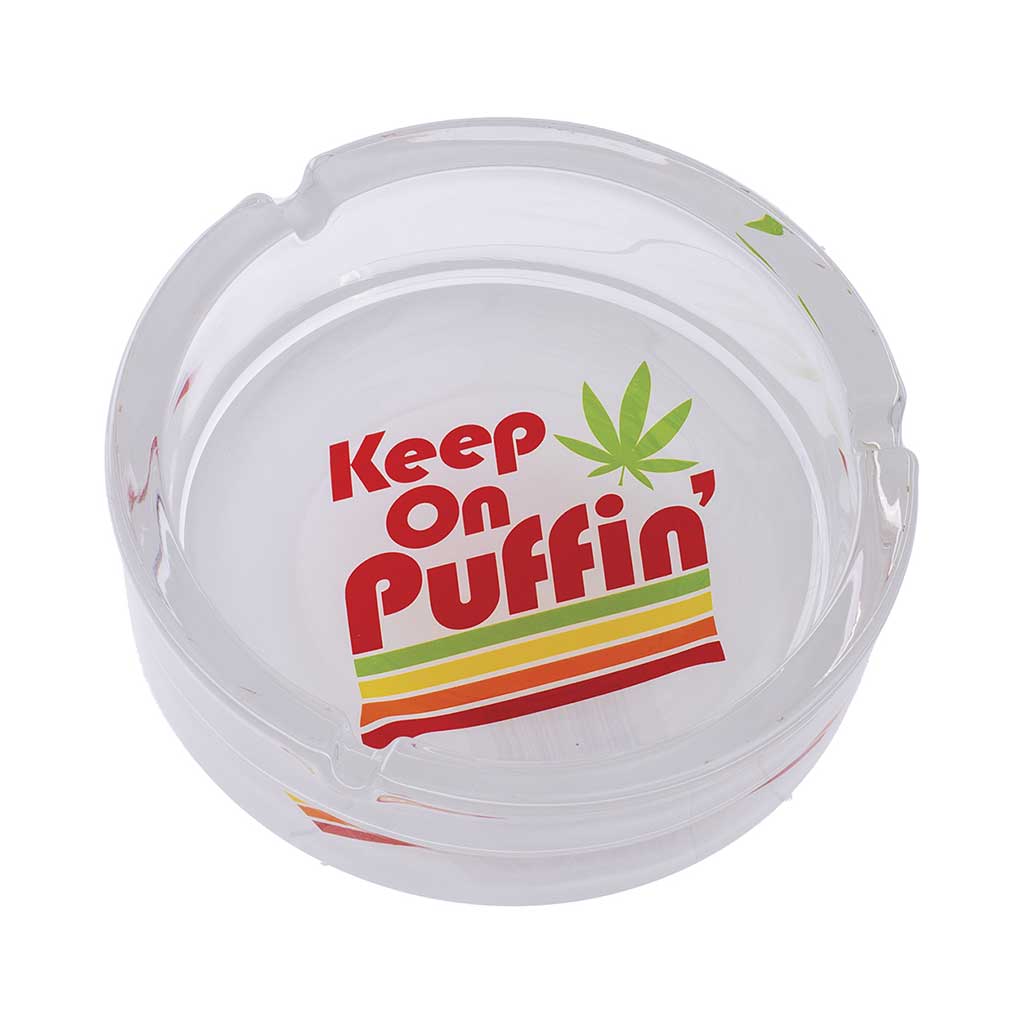Keep on Puffin Glass Ashtray top view, durable glass with colorful puffin design, smoking accessory available online at Honeybee Herb