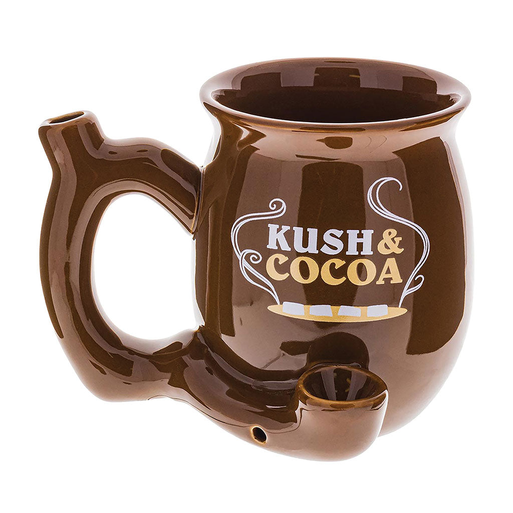 Kush and Cocoa chubby roast and toast pipe mug with glossy brown finish, pipe-style handle, built-in front bowl, and side carb hole