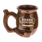 Kush and Cocoa chubby roast and toast pipe mug with glossy brown finish, pipe-style handle, built-in front bowl, and side carb hole