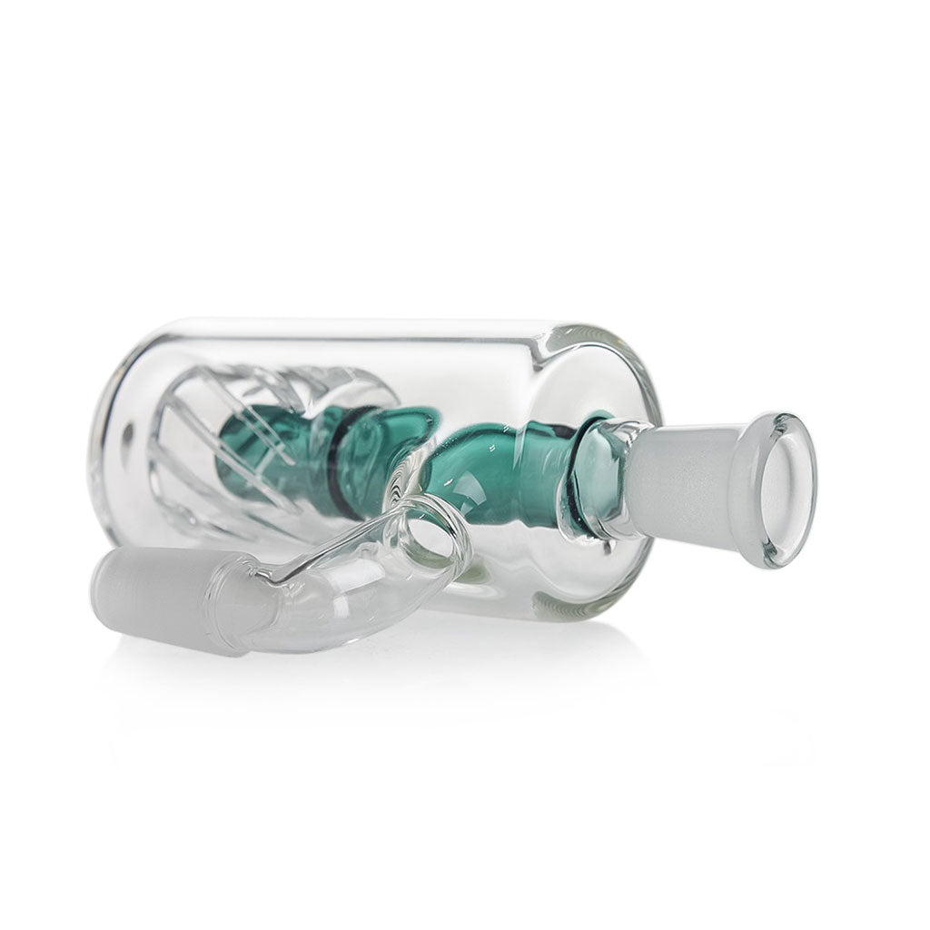 Flat angled view of lake green drum perc ash catcher for bongs 
