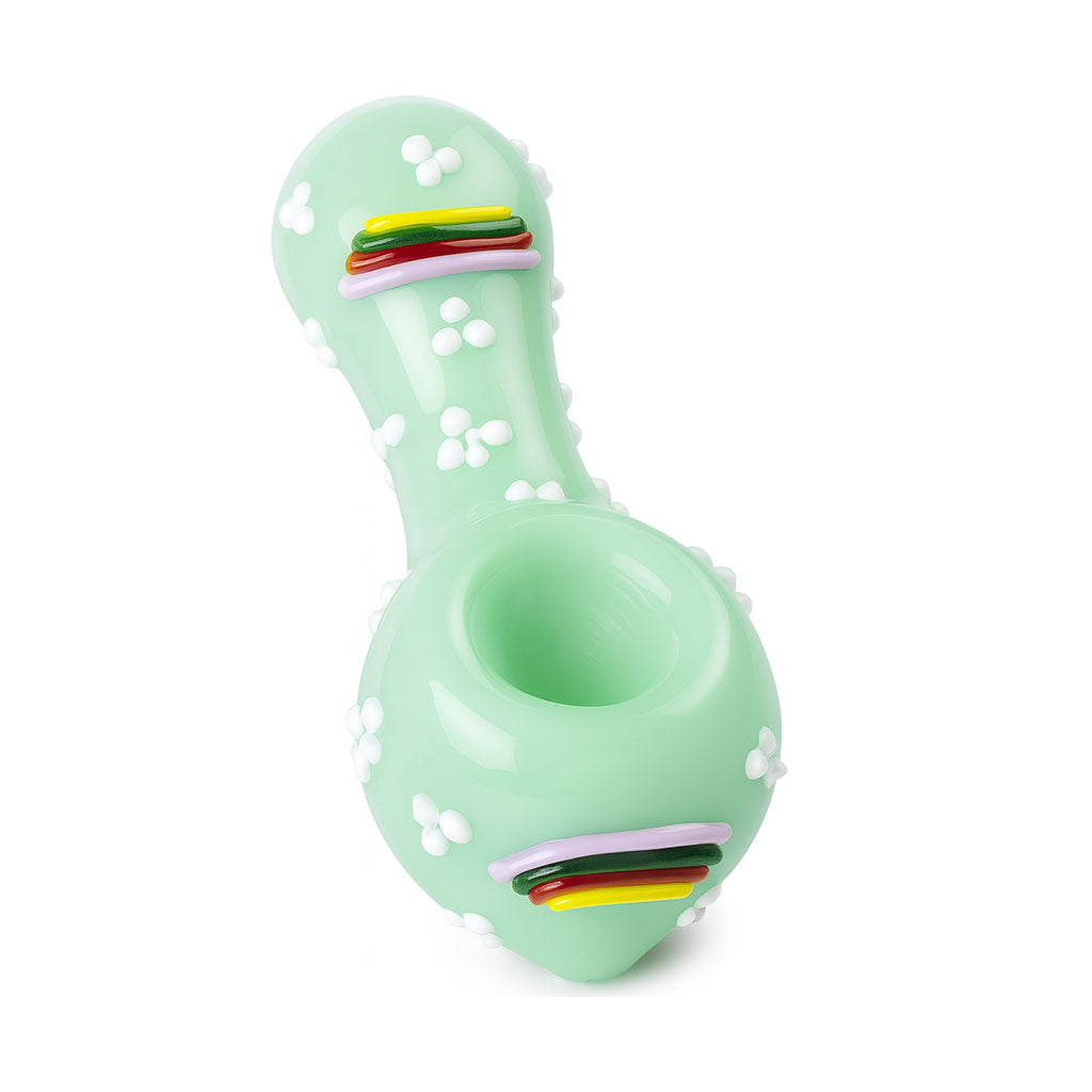 Light green rainbow spoon pipe shown from an angled view