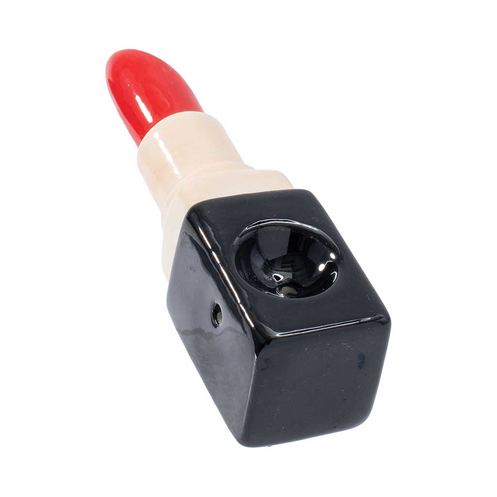 Angled view of lipstick ceramic hand pipe showing bowl and mouthpiece—order today from Honeybee Herb.