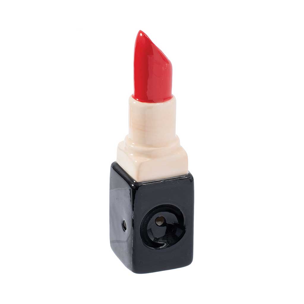 Shop lipstick ceramic hand pipe, front standing view with bowl and carb—add to cart for quick delivery 