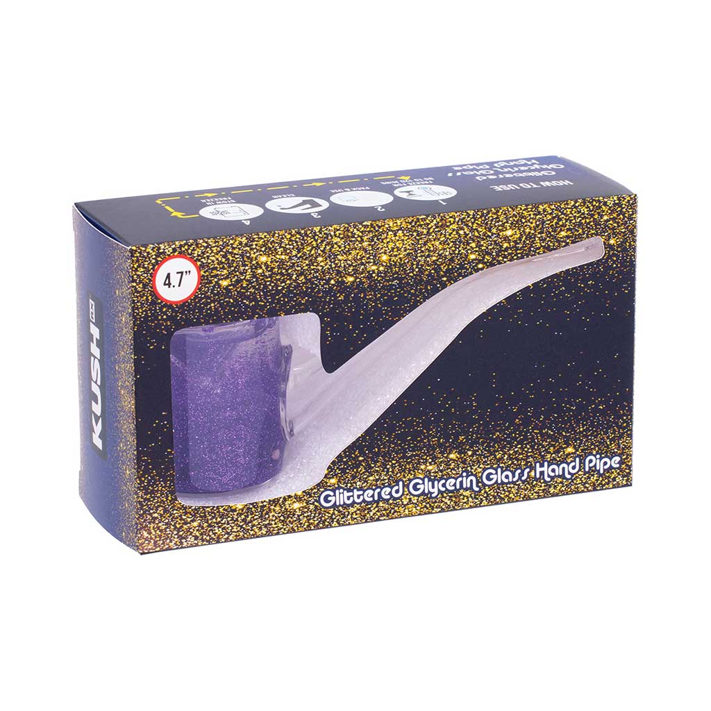  Front packaging of purple glittered glycerin glass Sherlock hand pipe (4.7