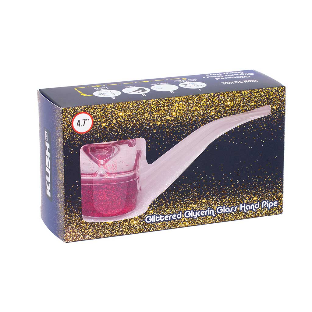 Side panel with freeze, pack, clean steps for red glitter glycerin Sherlock hand pipe—buy online