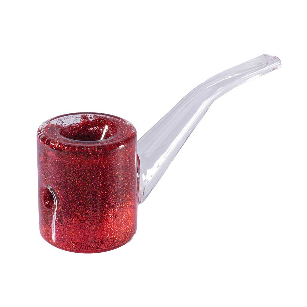 Front window box of red glittered glycerin Sherlock glass hand pipe (4.7")—ready to ship. 