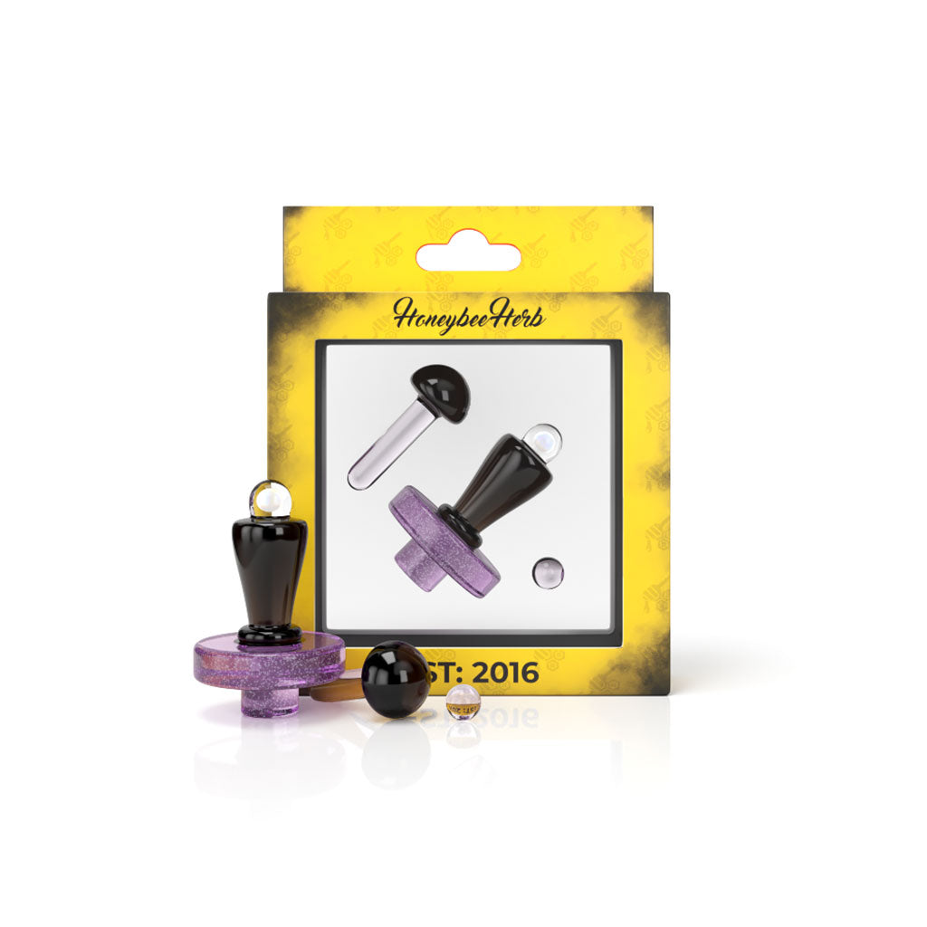 Lollipop Glass Opal Twilight Terp Slurper Set of A Black Handle Carb Cap, A Black Mushroom, And A Terp Pearl Package