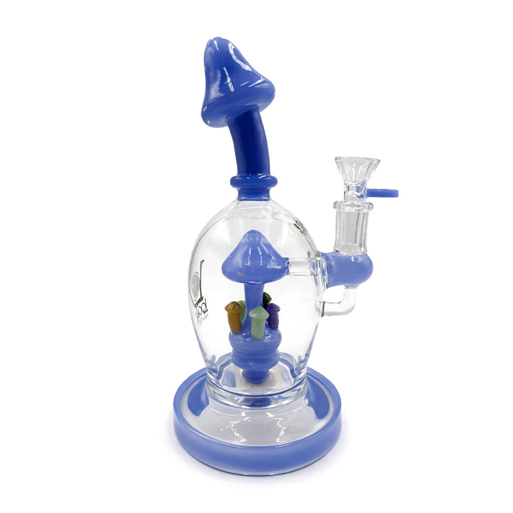 Close view of Lookah 10 inch mushroom dab rig showing the glass joint and attachment area with blue accents on a clear chamber and wide base