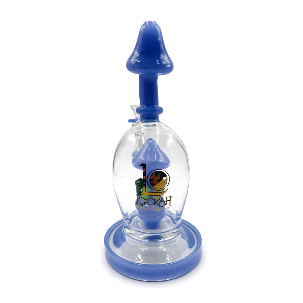 Front view of Lookah 10 inch mushroom dab rig showing the logo, blue base, and internal mushroom design for water filtered pulls 