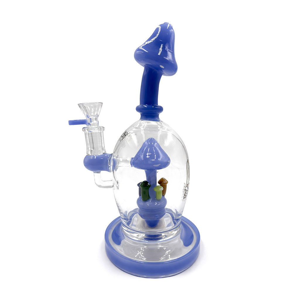 Angled side view of Lookah 10 inch mushroom design dab rig with blue mushroom mouthpiece, compact body, and stable base for smoother hits 