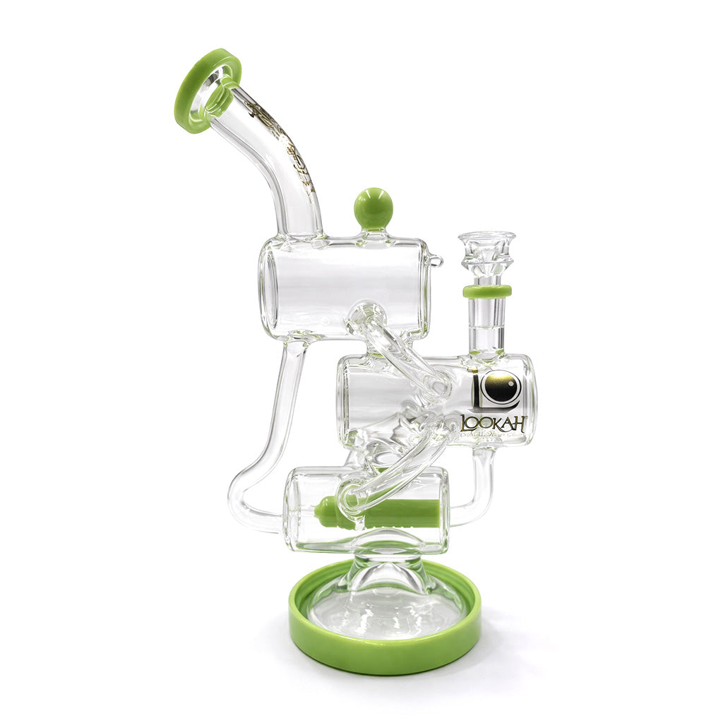Front view of Lookah 12 inch multi chamber recycler dab rig in green with looped chambers and wide base for steady sessions